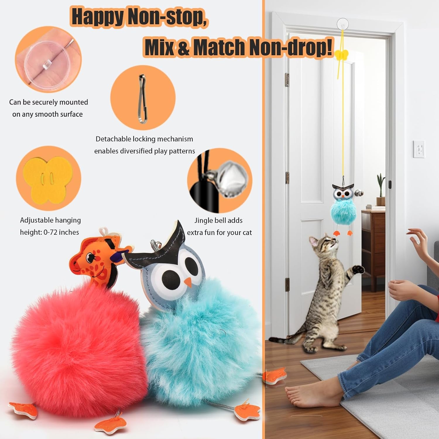 4-In-1 Interactive Cat Toys Set with Suction Cup Wand, Hanging Cat Toys, Fishing Pole Cat Wand & Kitten Balls- Includes Variety Replaceable Worms, Feathers for Indoor Bored Cats for Exercise